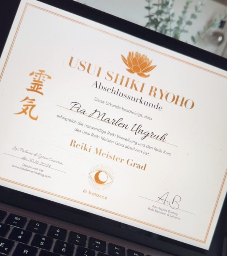 Reiki Melle und Osnabrück Abschlussurkunde Pia Marlen Ungruh, Reiki Meisterin